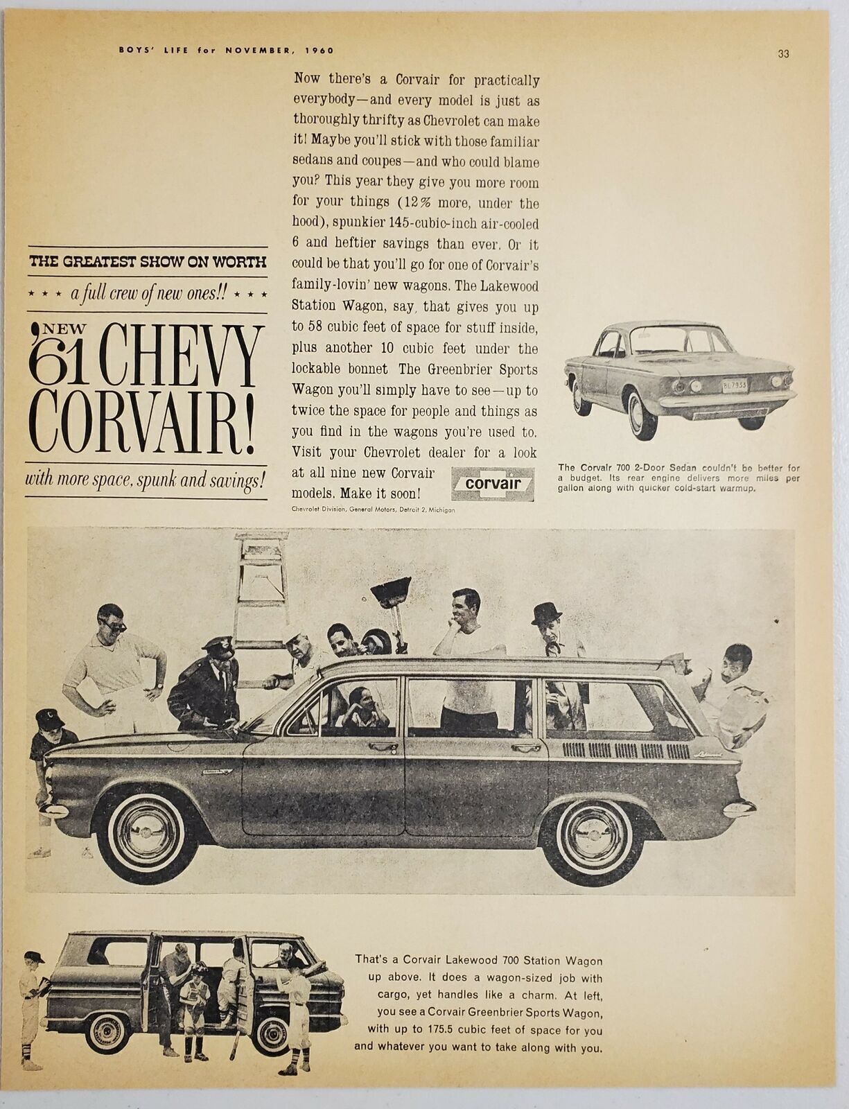 1960 Print Ad 1961 Chevrolet Corvair Lakewood 700 Station Wagons,700 2-Dr Coupe