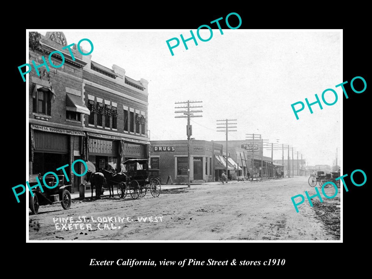 OLD LARGE HISTORIC PHOTO OF EXETER CALIFORNIA VIEW OF PINE ST & STORES c1910