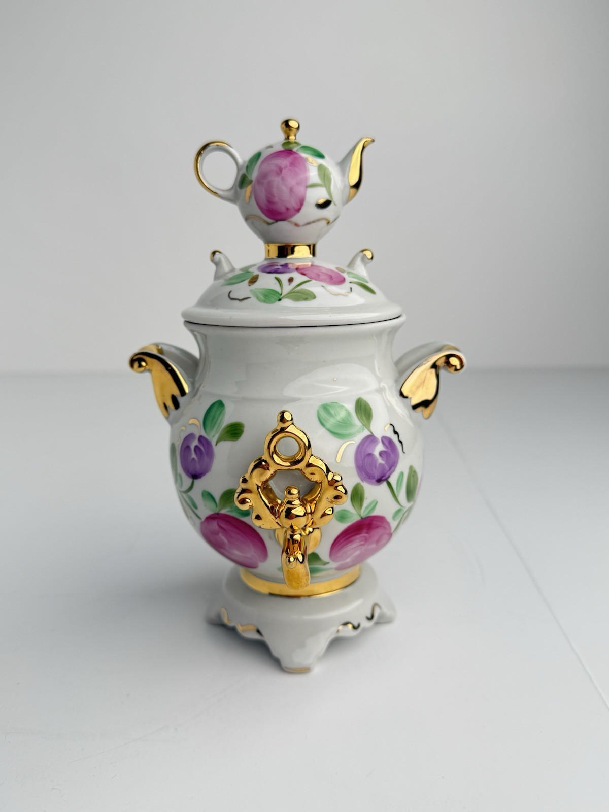 Vintage USSR Sysert Porcelain Sugar Bowl Samovar Shape Hand Painted Gold Floral
