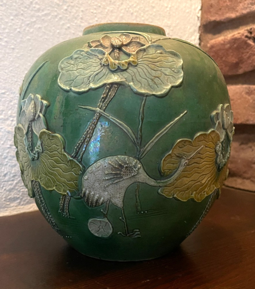 Chinese Green Glazed Pottery Ginger Jar Lotus Egret Relief 9 inch No Lid