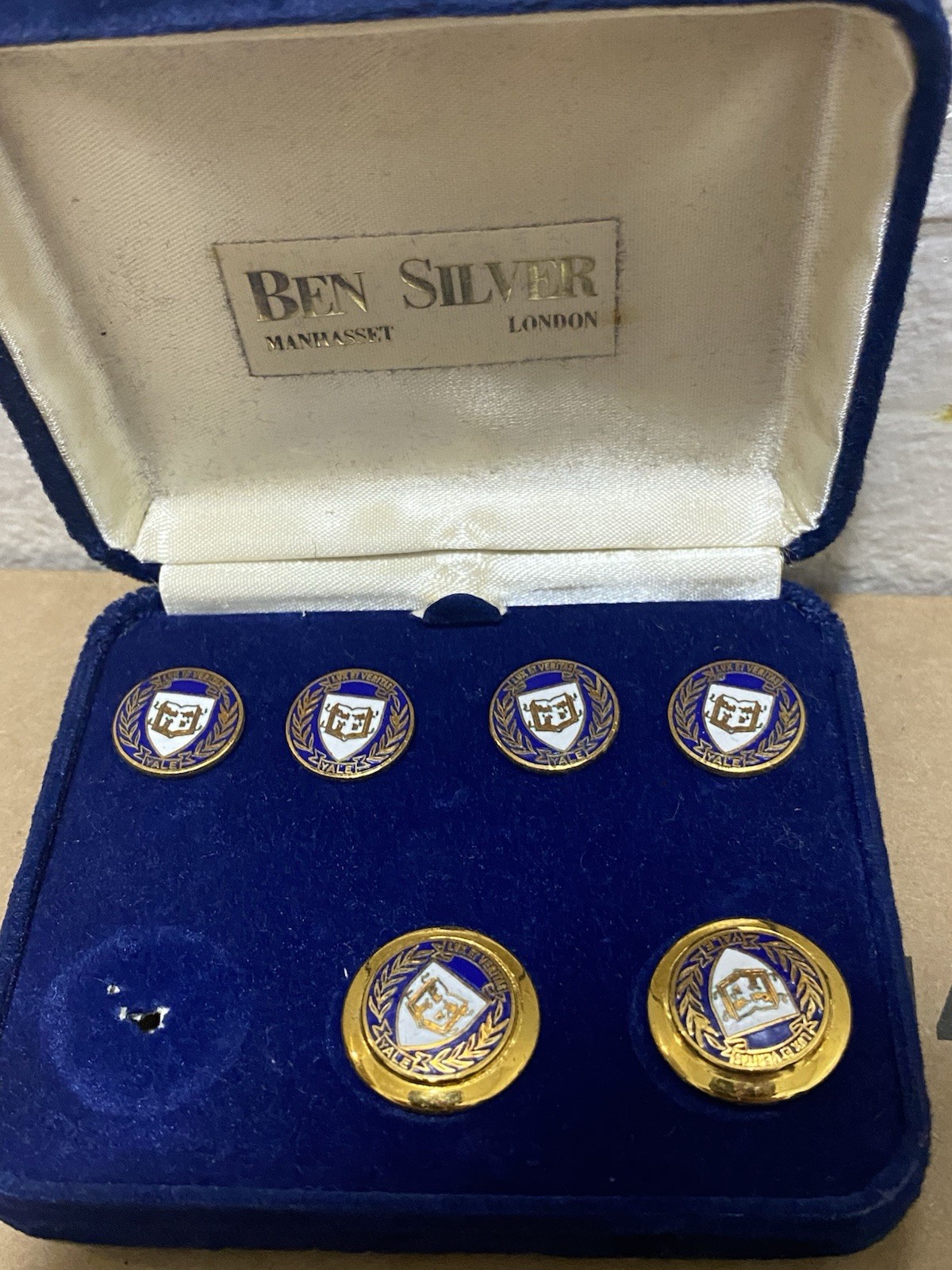 Vintage Ben Silver Yale University Enamel Blazer Buttons Set Boxed Lux Et Verita