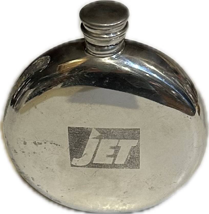 VTG JET SHEFFIELD ENGLAND PEWTER FLASK SILVER JET PROMOTION LIQUOR BAR DRINKS