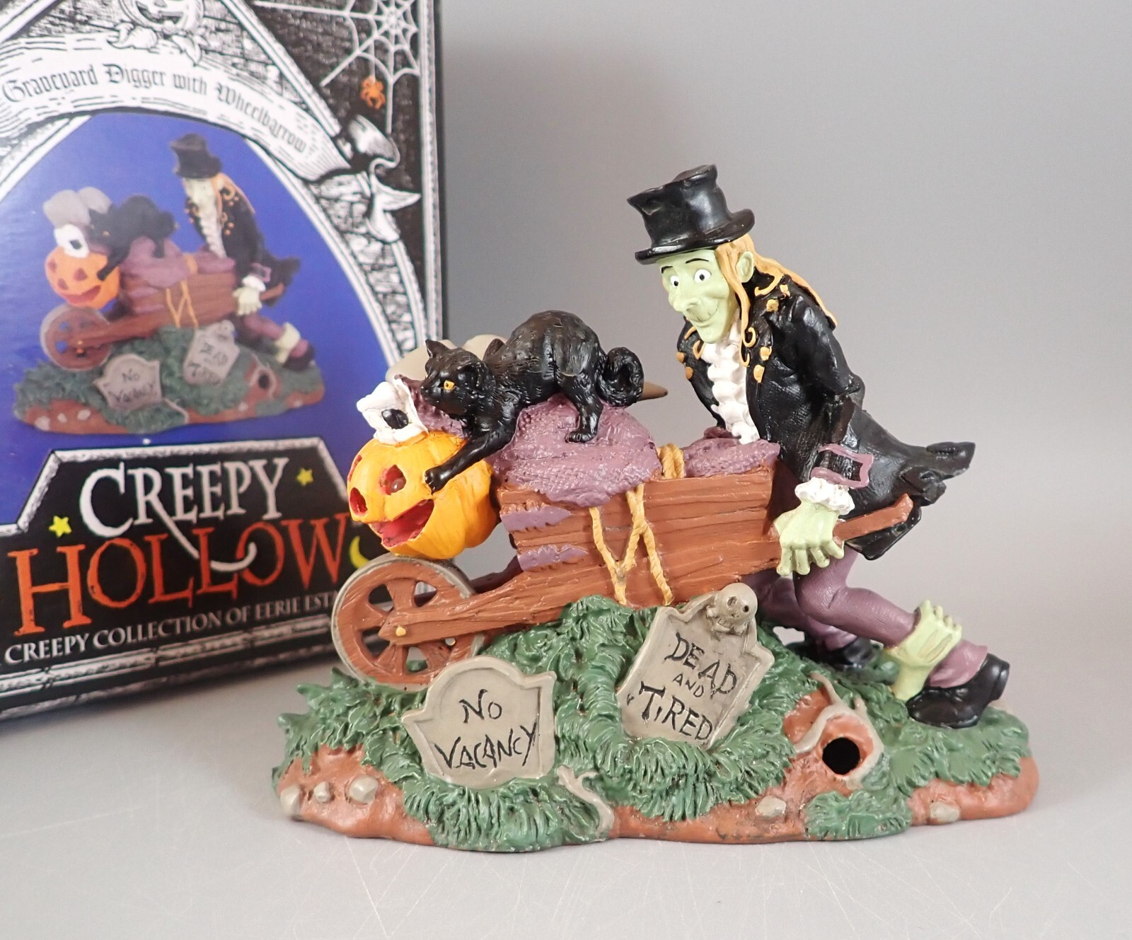 Creepy Hollow Graveyard Digger with Wheelbarrow NIB Resin Halloween Read