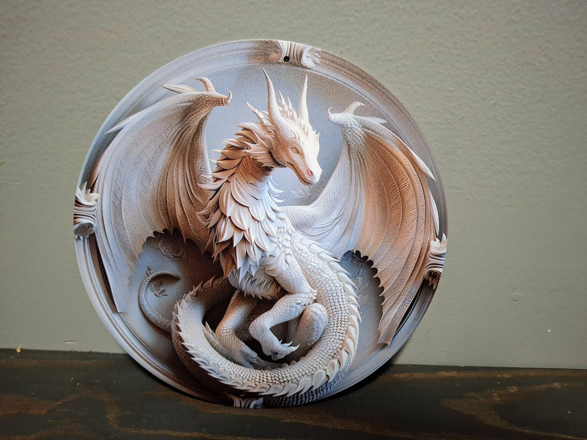 White Dragon 8 x 8 Round Metal Sign White Dragon 8 x 8 Round Metal Sign