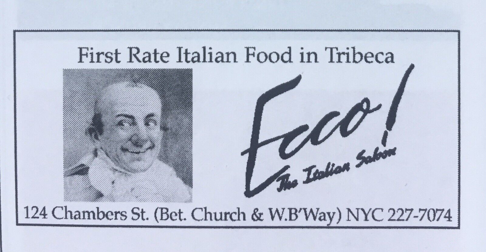 1984 Ecco Restaurant Italian Saloon Tribeca NYC LOT: 2\