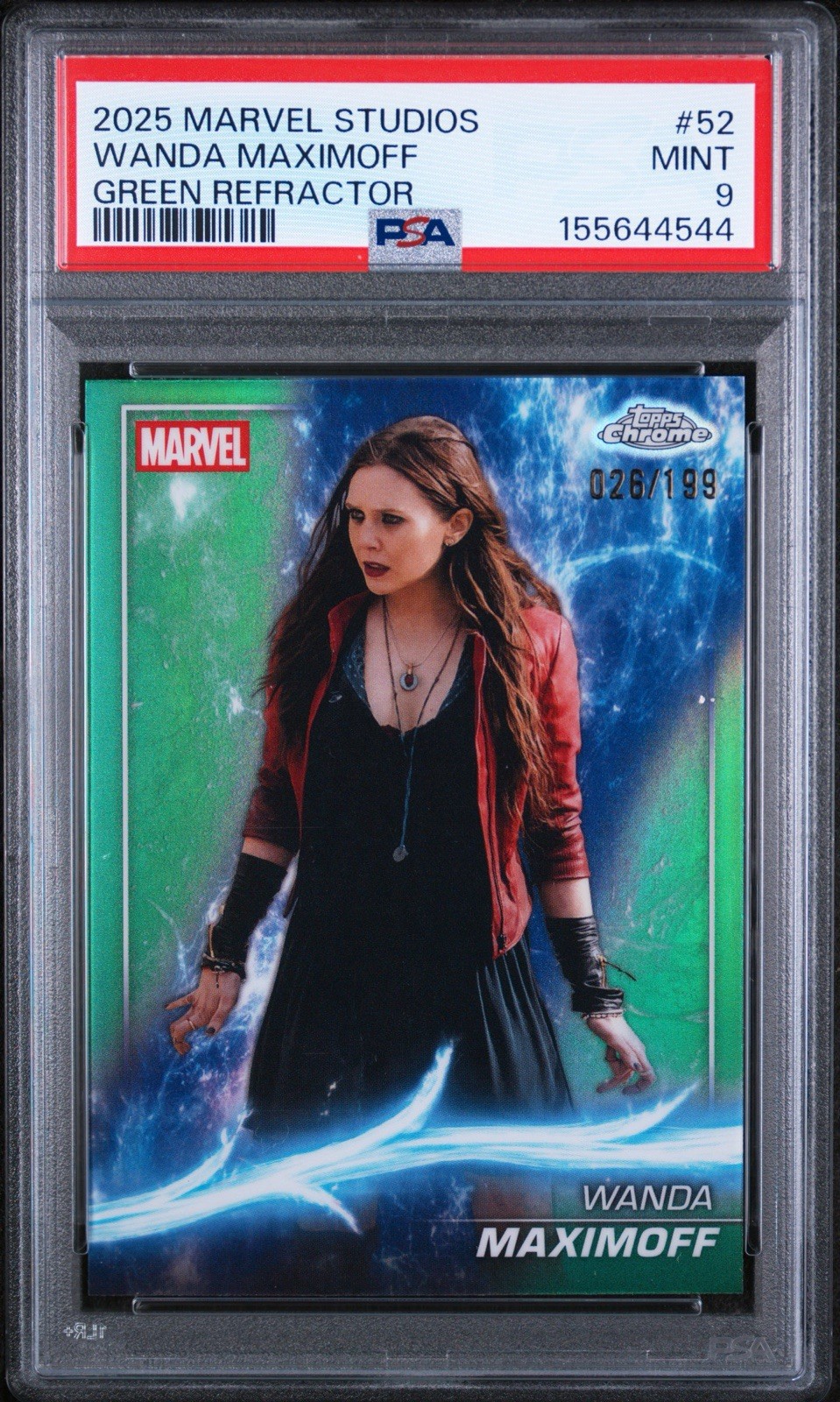 Topps 2025 Marvel Studios Wanda Maximoff Green Refractor #52 PSA 9 026/199