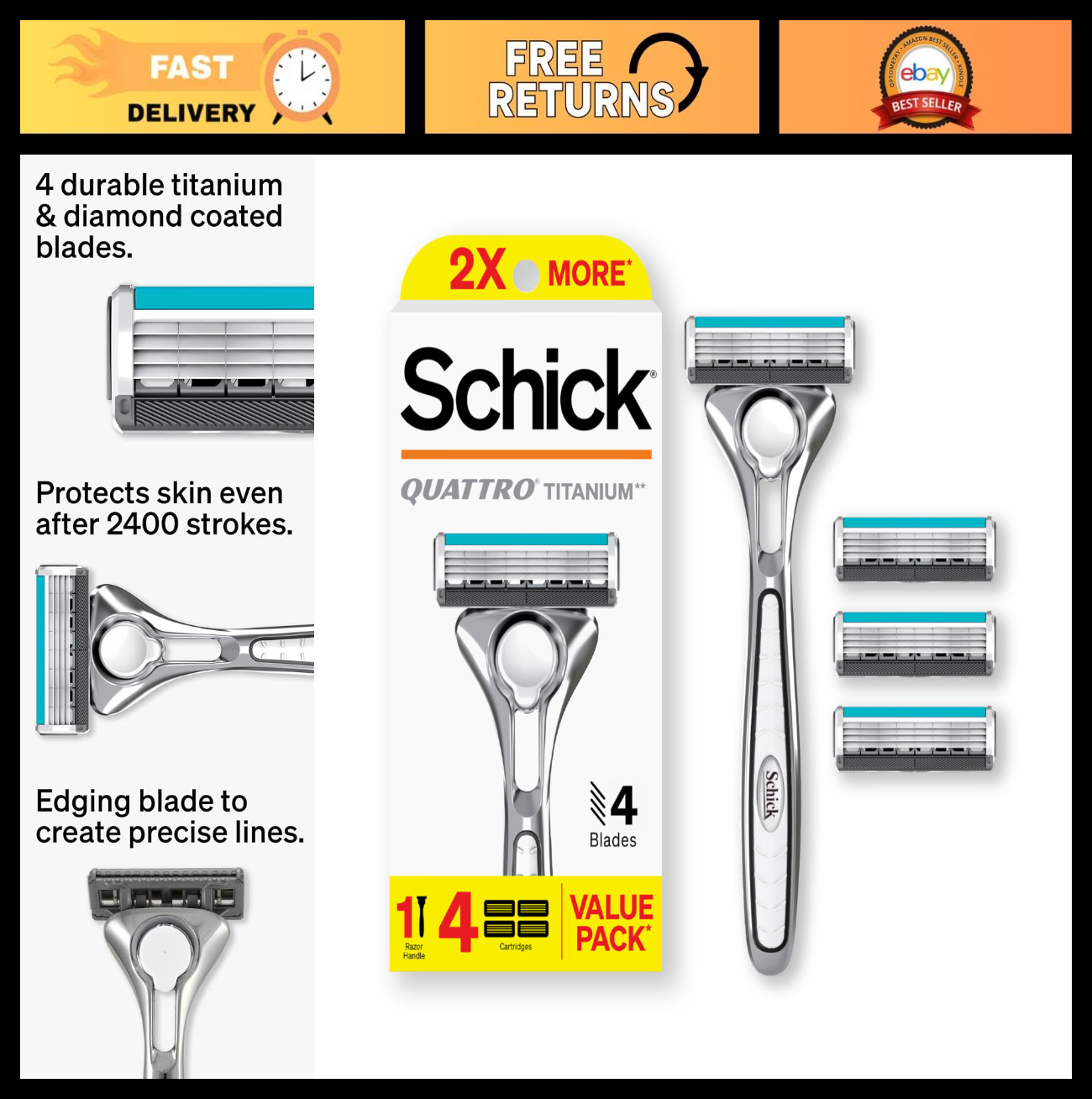 Schick Quattro Titanium Razor, 1 Razor Handle and 4 Cartridges | Shaving Razors