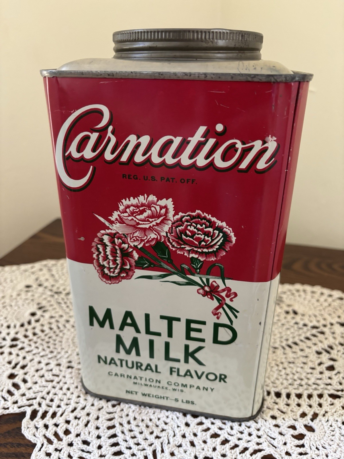Beautiful Vintage Carnation Malted Milk 5 LB Storage Container Tin