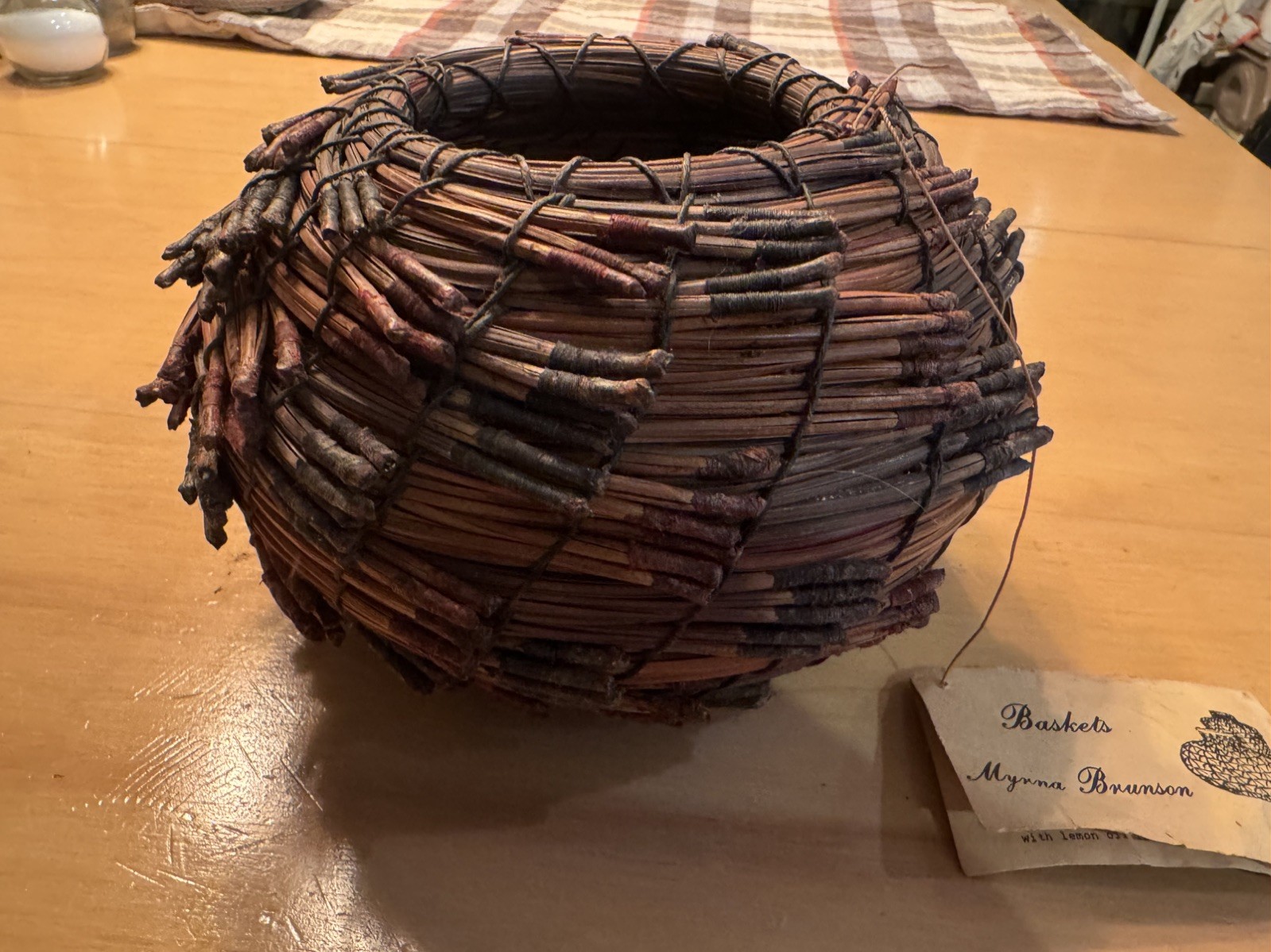 Vintage Torrey Pine Needle Basket by Myrna Brunson with tag 6.5 by 4.75 inches