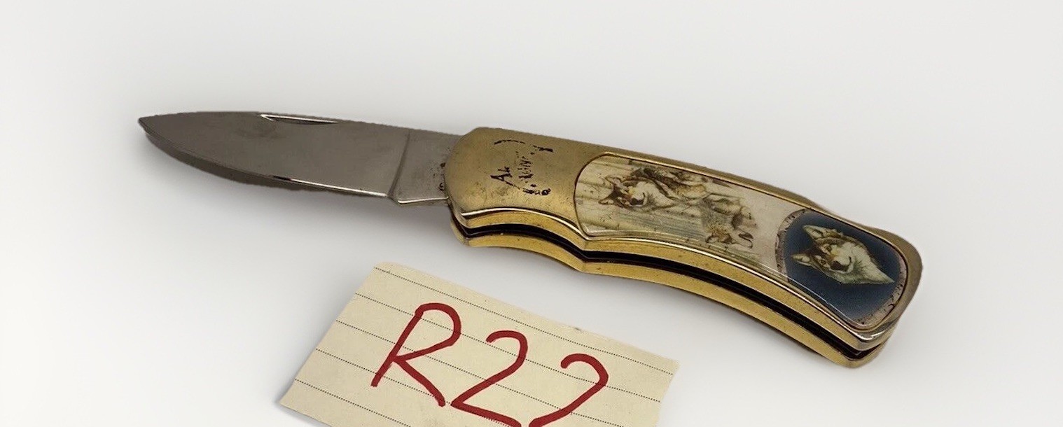 Vintage Stainless Steel Knife Signed H.C. With Wolf Handle Single Blade