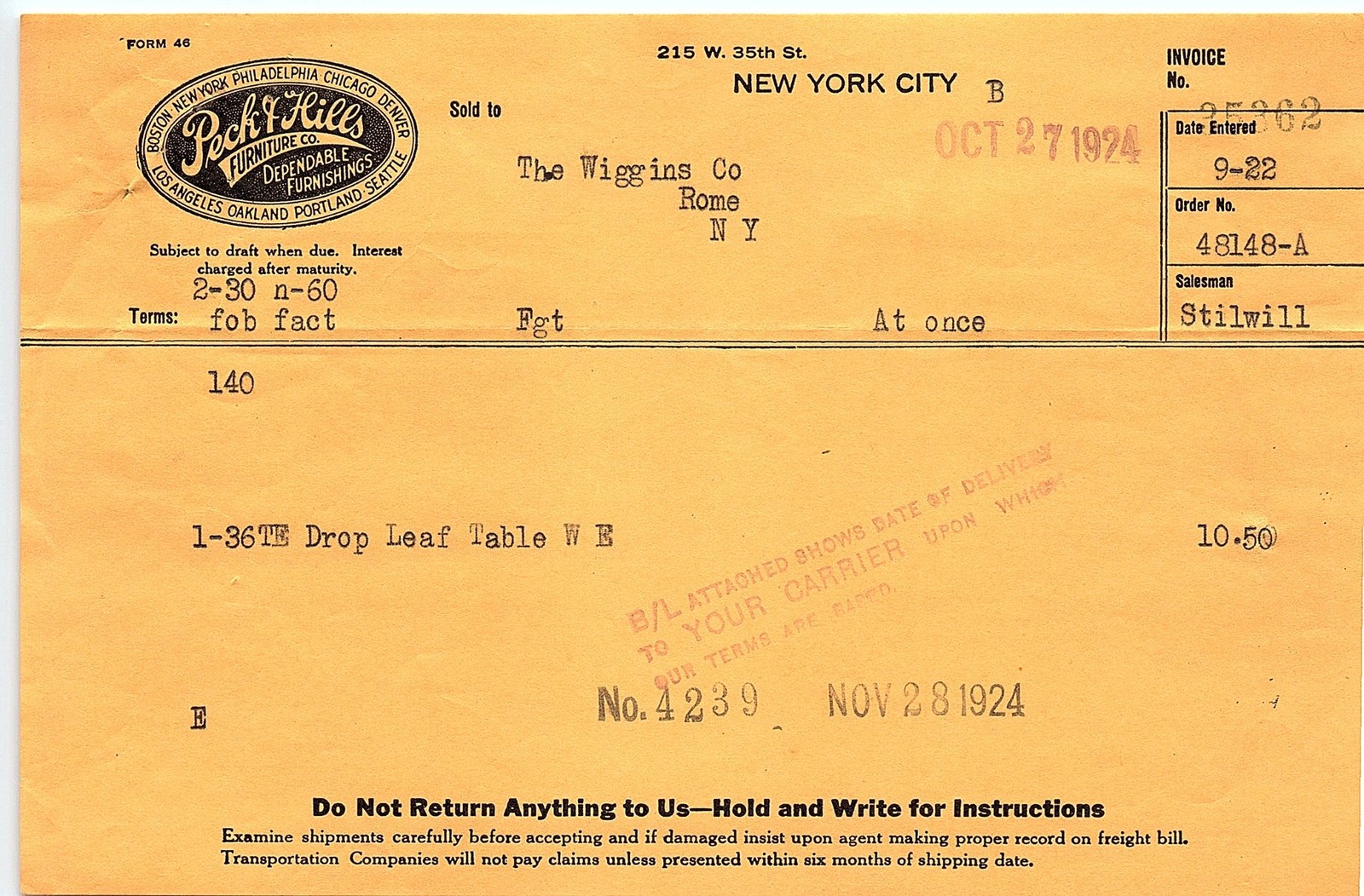 1924 Peck & Hills Furniture Co. NYC Billhead Invoice