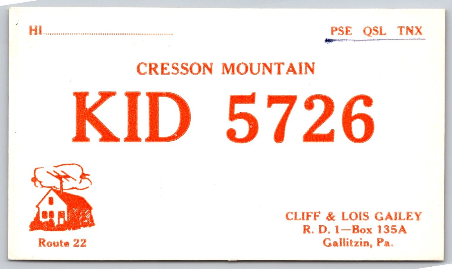Vintage QSL Card Cresson Mountain KID 5726 Gallitzin PA Amateur Radio C50