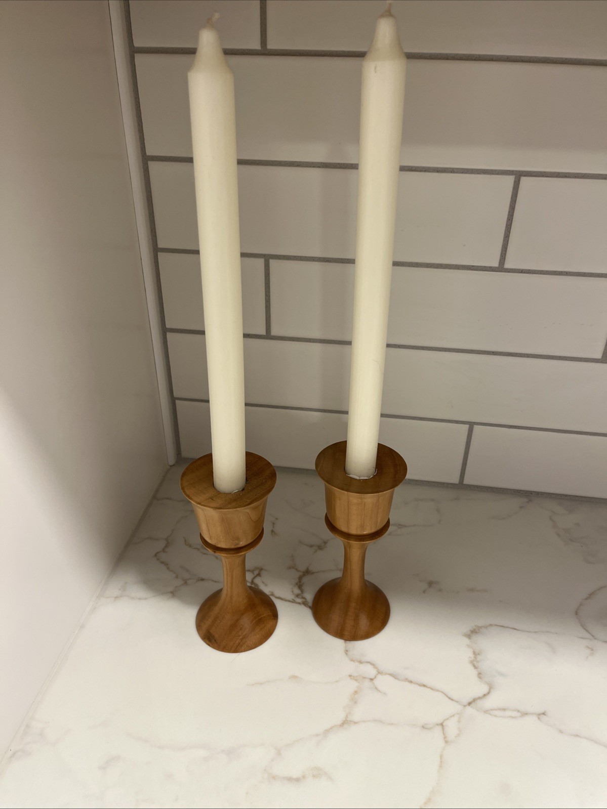 Vintage 1999 Gary Lawrence Hand-Turned Tulip Maple Candlestick Holders - Pair