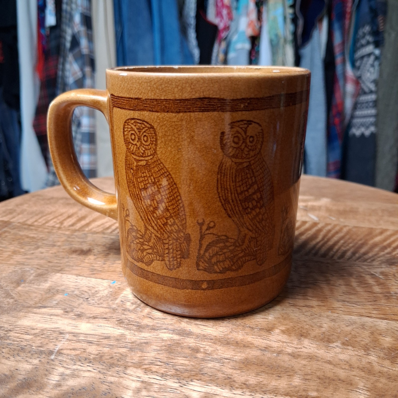 Vintage 70s Brown Mug Japan Owls Woodland Coffee Cup Cottagecore 