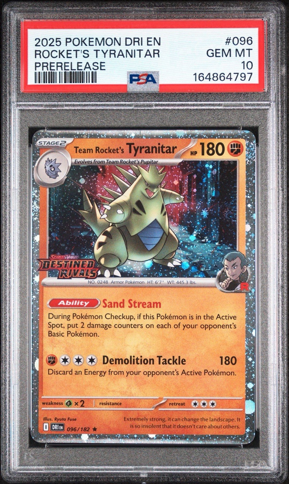 PSA 10 Team Rocket\'s Tyranitar (Prerelease) 096/182 Destined Rivals Stamped