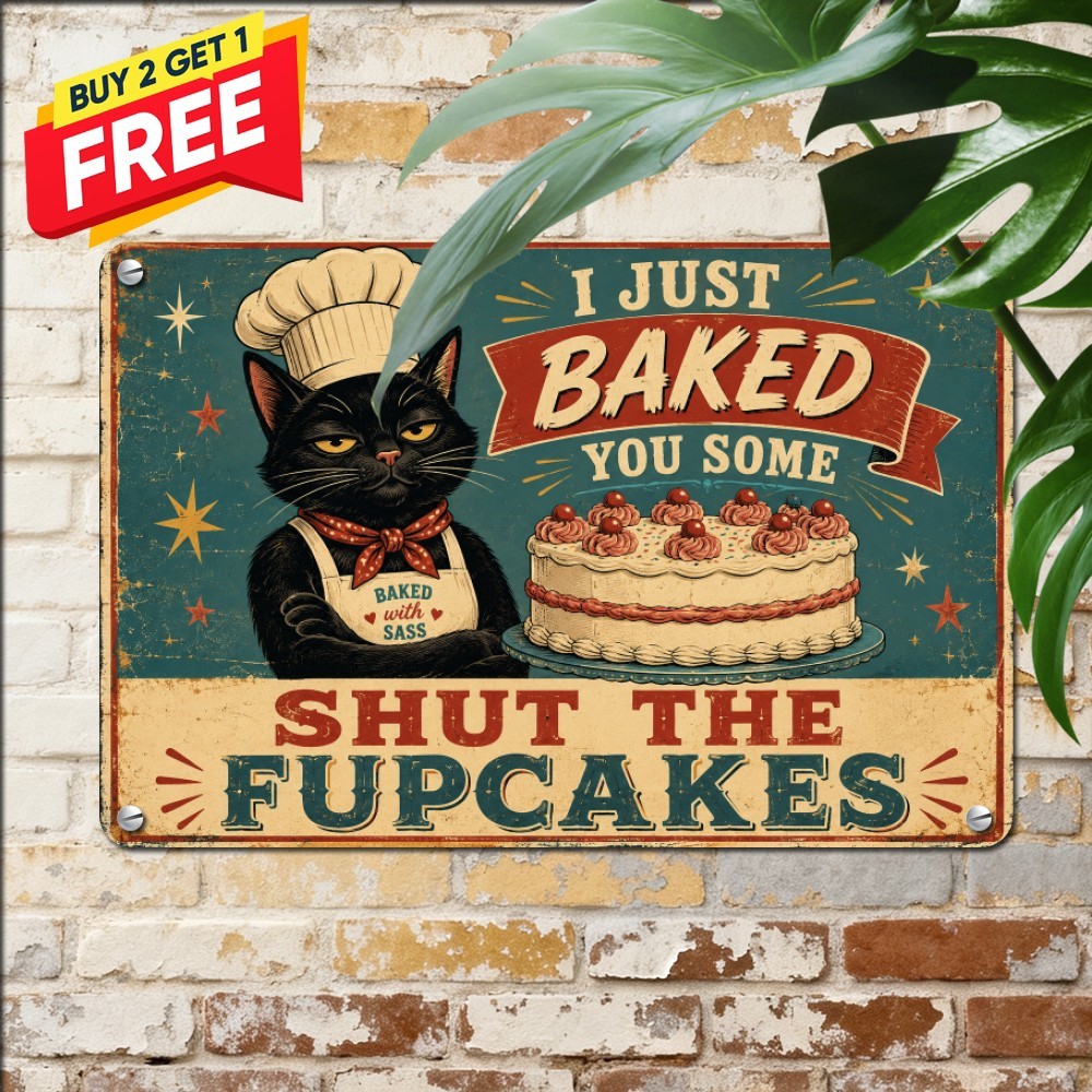 Cute Bakery Kitten Tin Sign Whimsical Sweet Cake Metal Wall Art Plaque