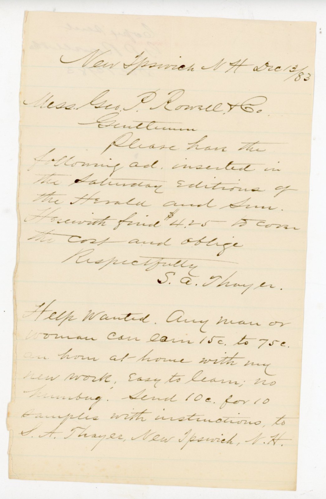1883 Handwritten Letter Geo P Rowell  Advertising New Ipswich signed SA Thayer