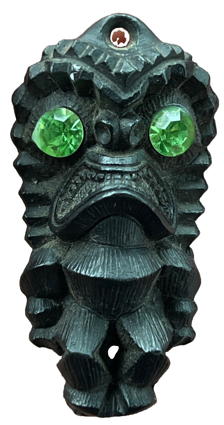 VTG Coco Joe\'s Hawaiian Black Lava Tiki 2” Pendant Charm Green Rhinestone Eyes
