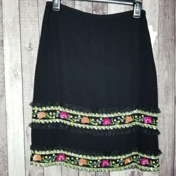 Escada size 36 small black silk floral beaded sequined knee length skirt NWT