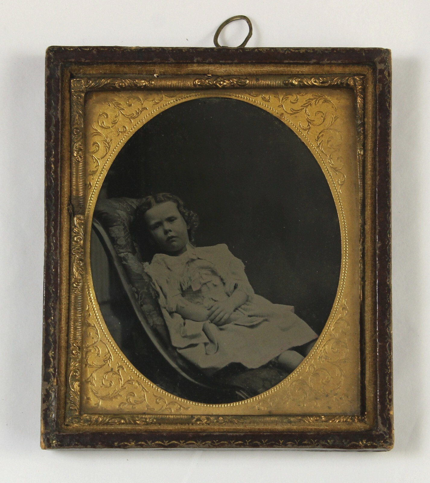 Original AMBROTYPE photograph - c1870 - child reclining - possible tragic pose