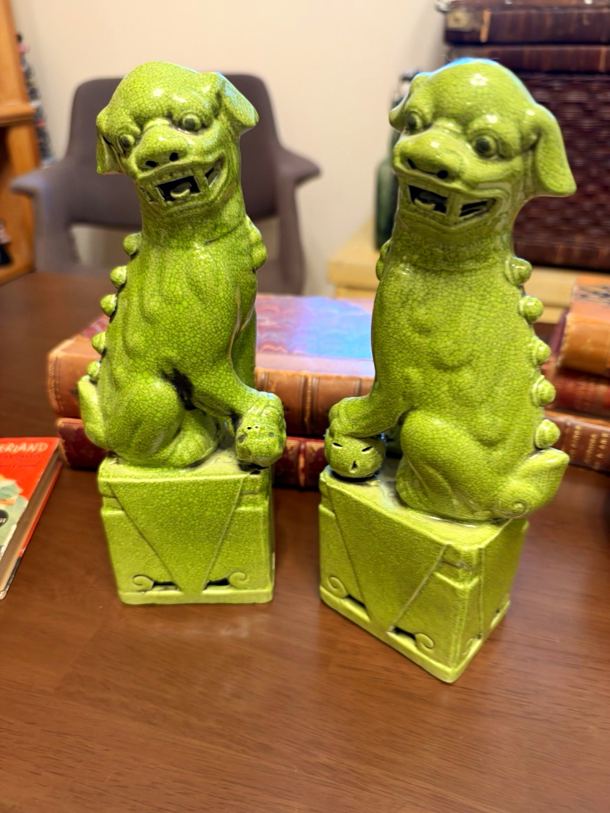 Green Crackle Glaze Ceramic Foo Dog Figurines Pair/Vintage