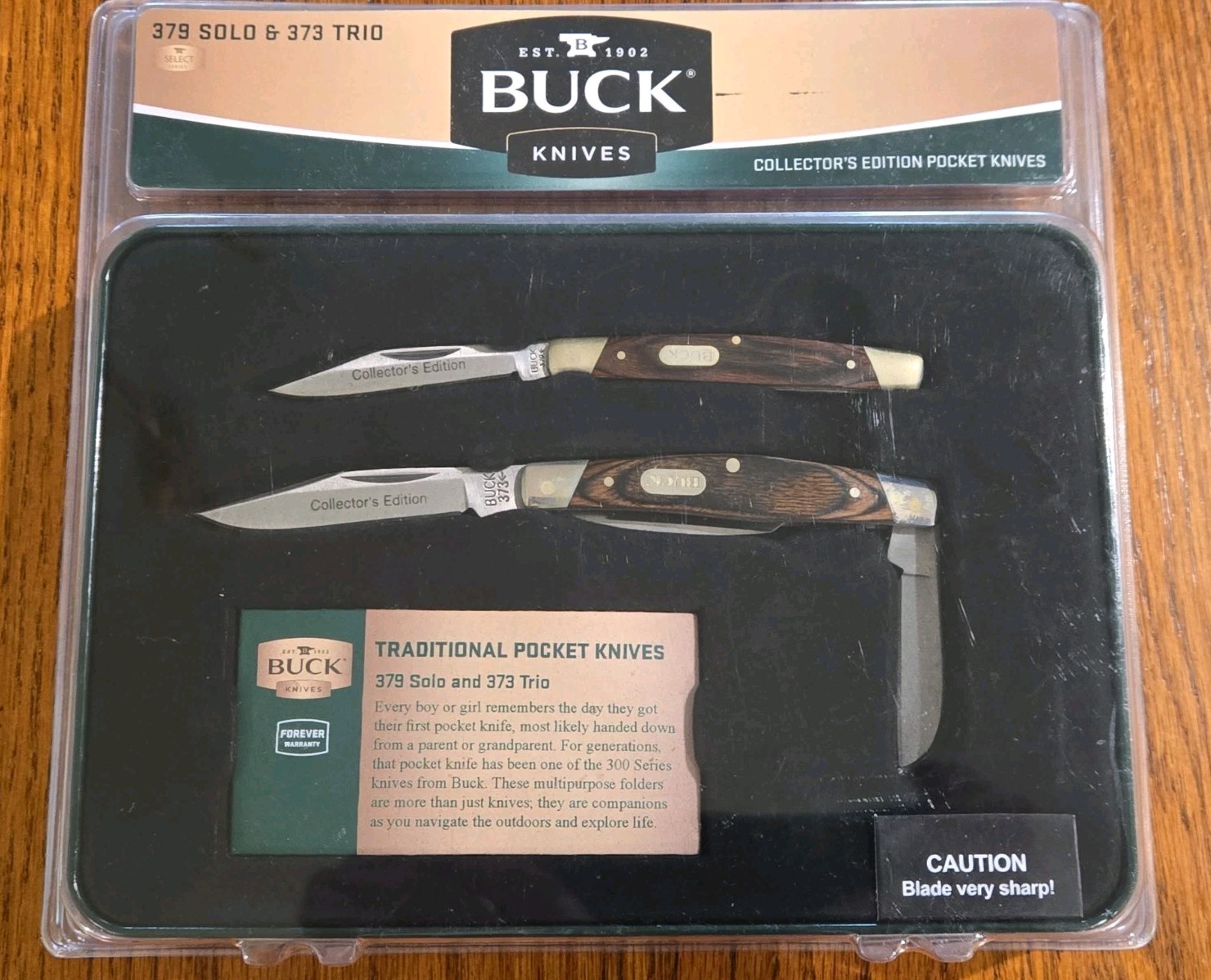 Buck Knives Collector's Edition Set 379 Solo & 373 Trio Woodgrain Handle Tin NOS