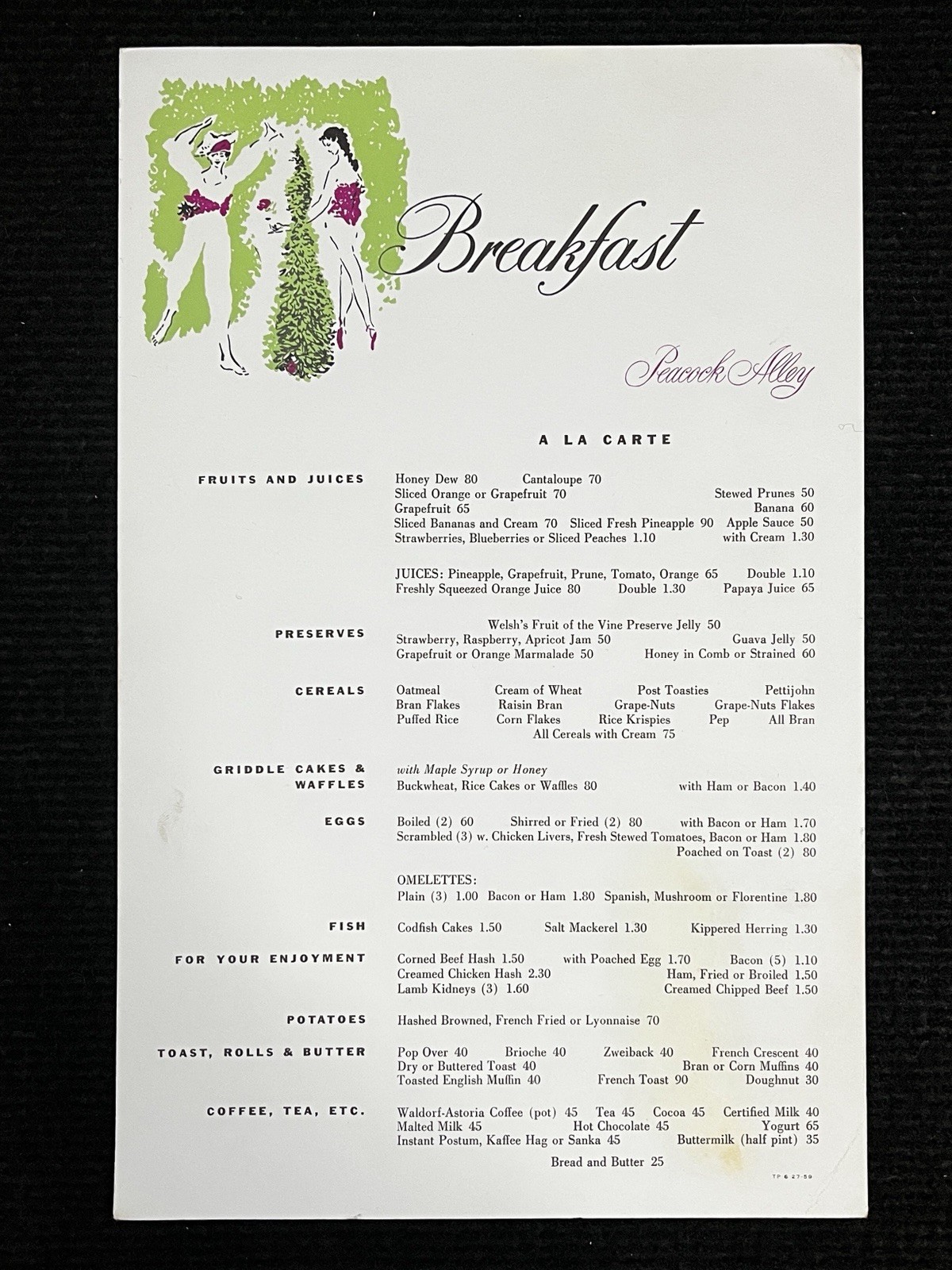 Peacock Alley Vtg Breakfast Menu Waldorf-Astoria Hotel MCM To See & Be Seen