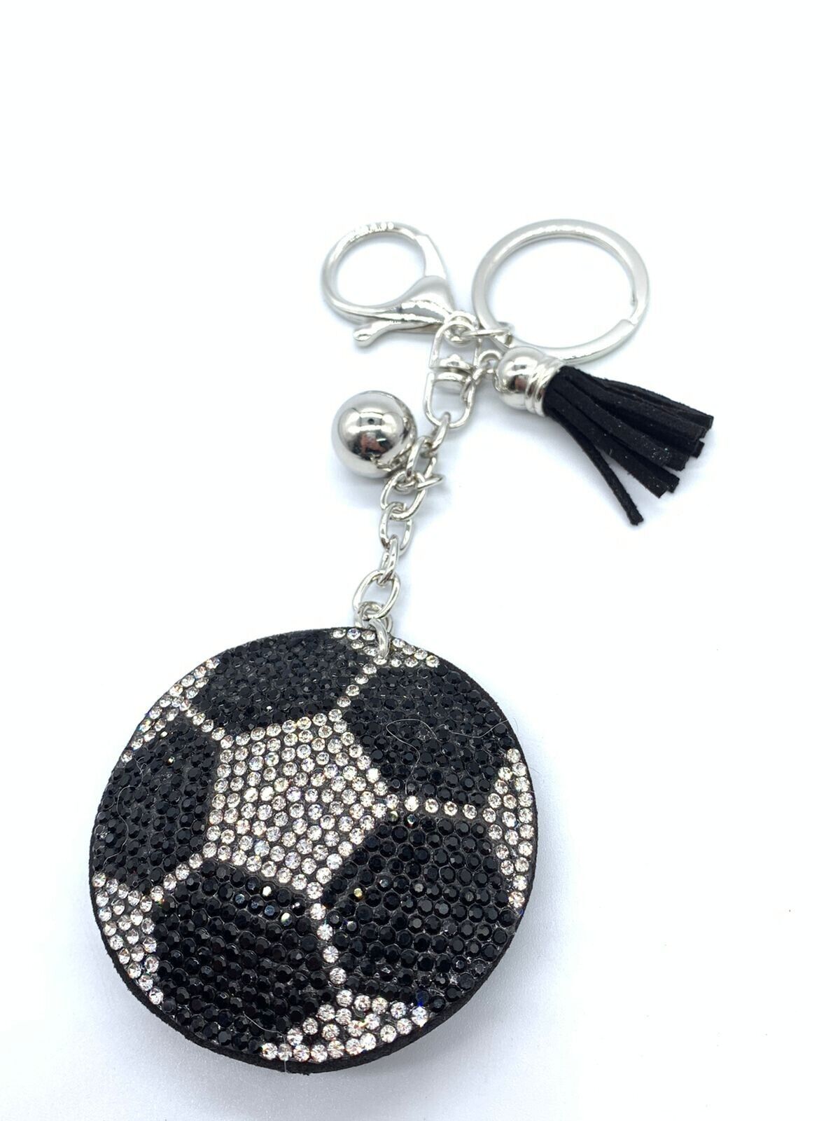 Bling football Ball Keychain Glitter Black Tassel Silver Chain Accessory
