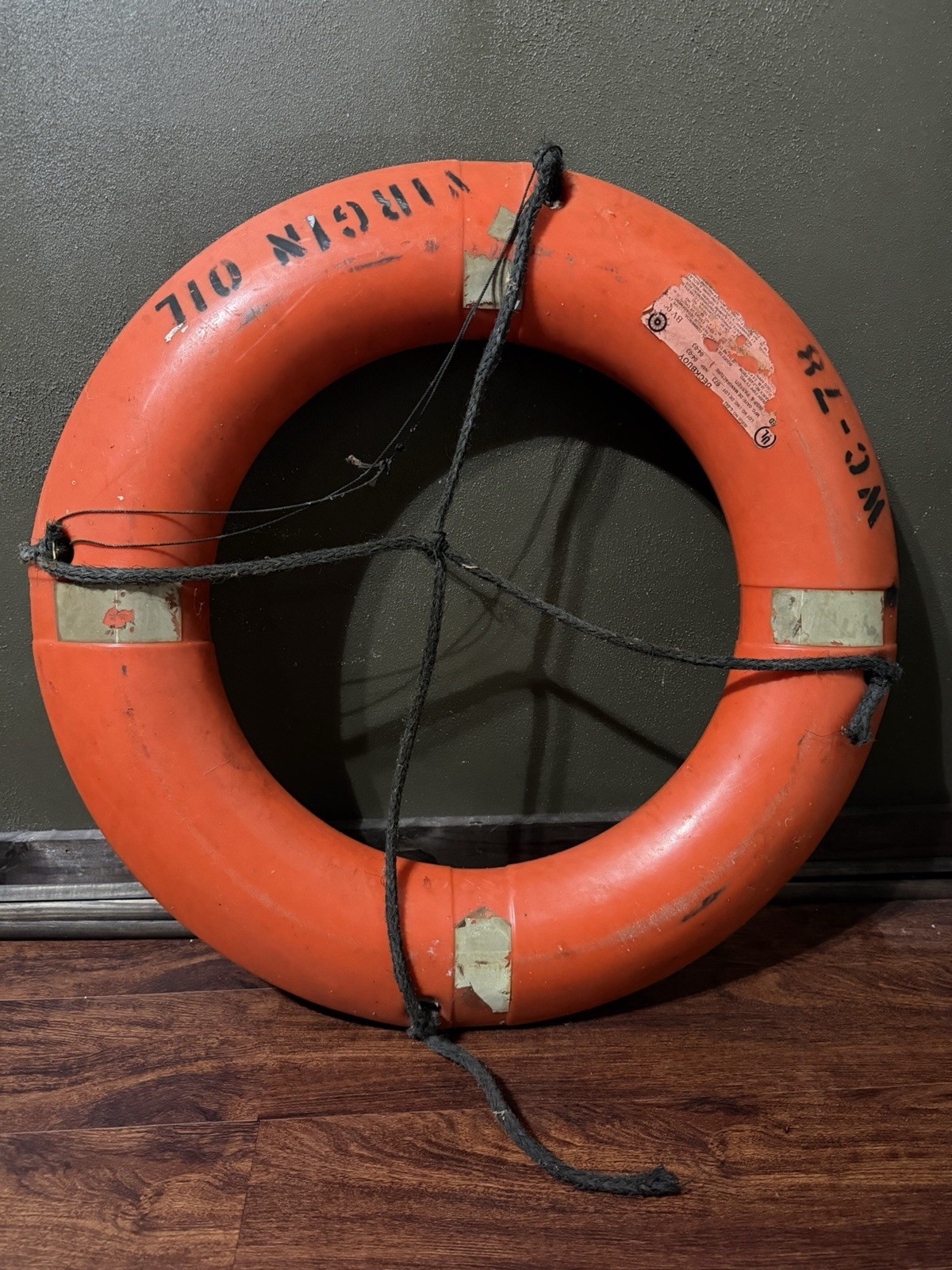 Vintage Nautical Life Ring Deck Buoy Virgin Oil WC-78, Stencil painted lettering