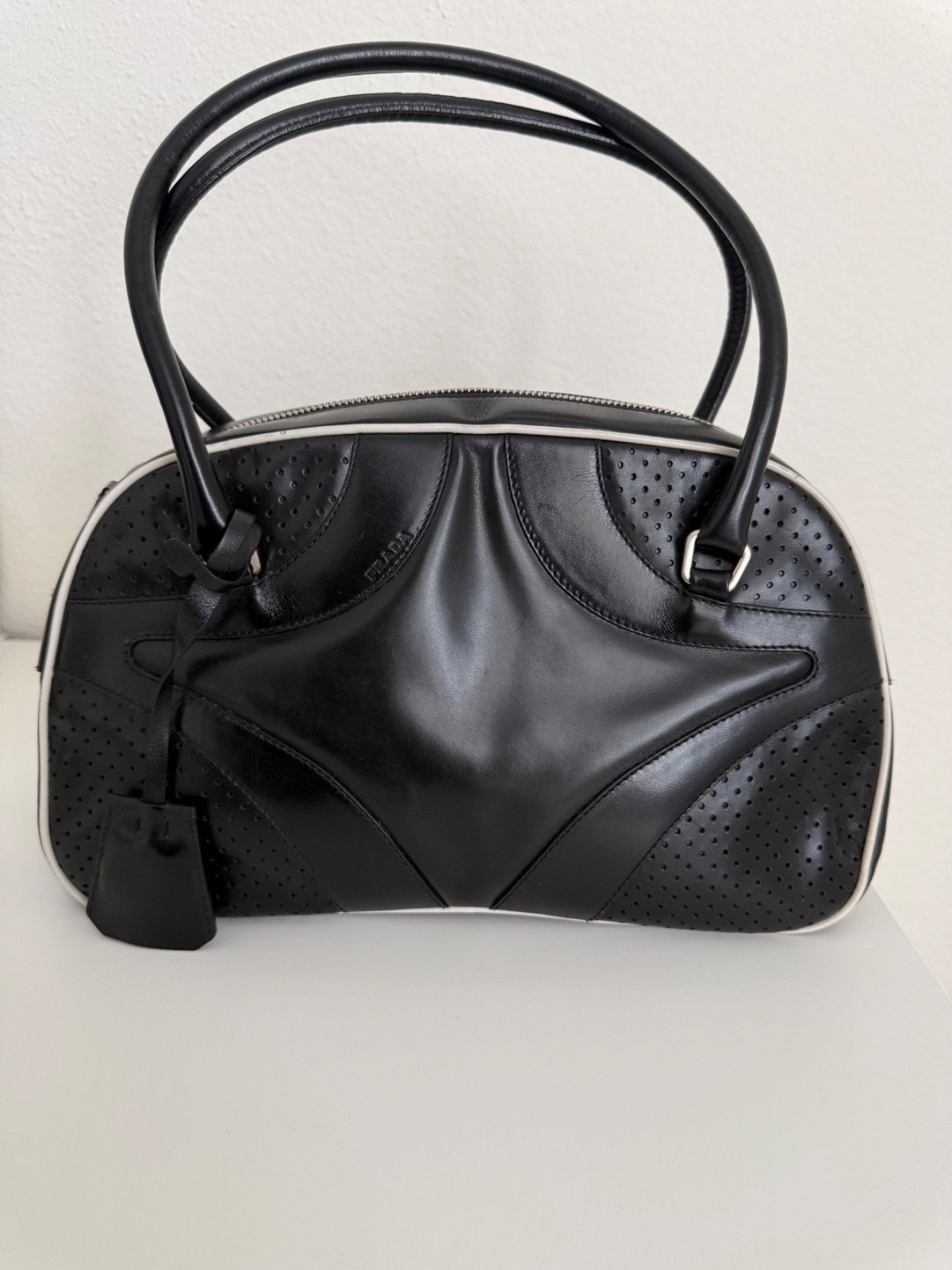 Prada Bag, Black Leather Bowling Bag, SS 2000, Vitello Drive, Vintage