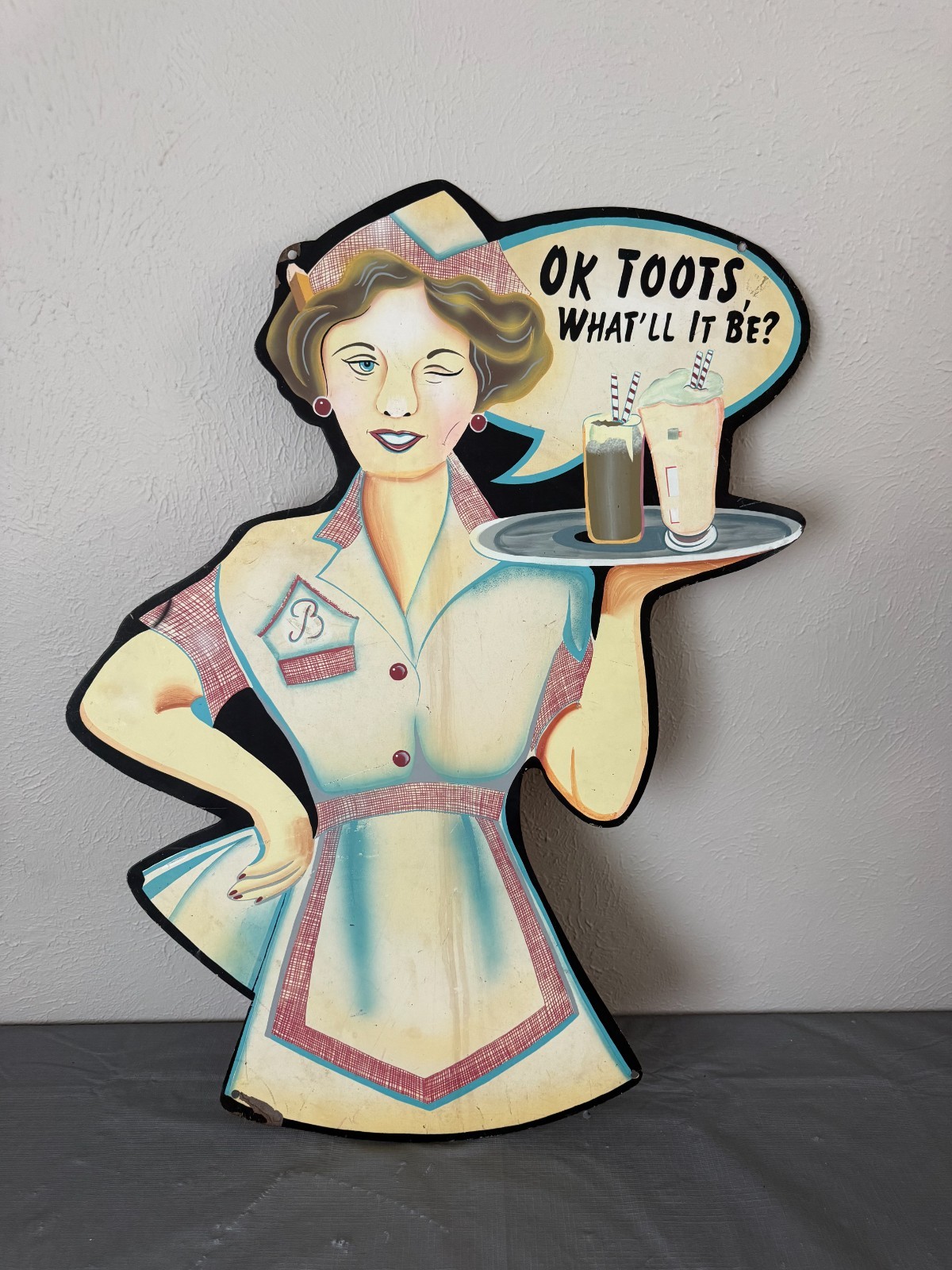 VINTAGE RETRO 1950'S PAINTED METAL CAR HOP WAITRESS SIGN 
