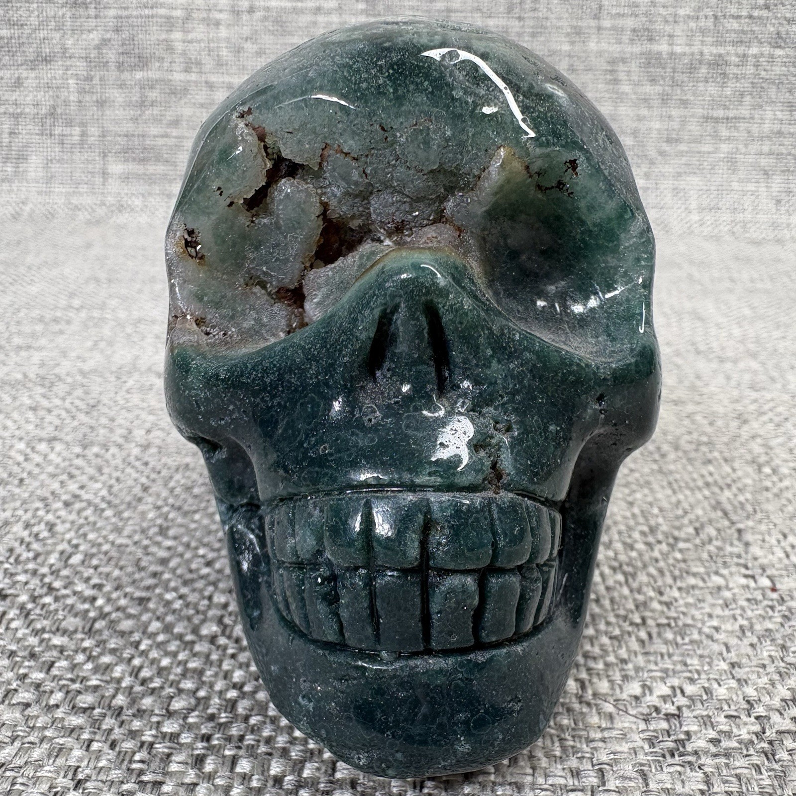 Moss Agate Crystal Skull Hand Carved Natural Green Druzy Quartz Eye 2.5 Inch