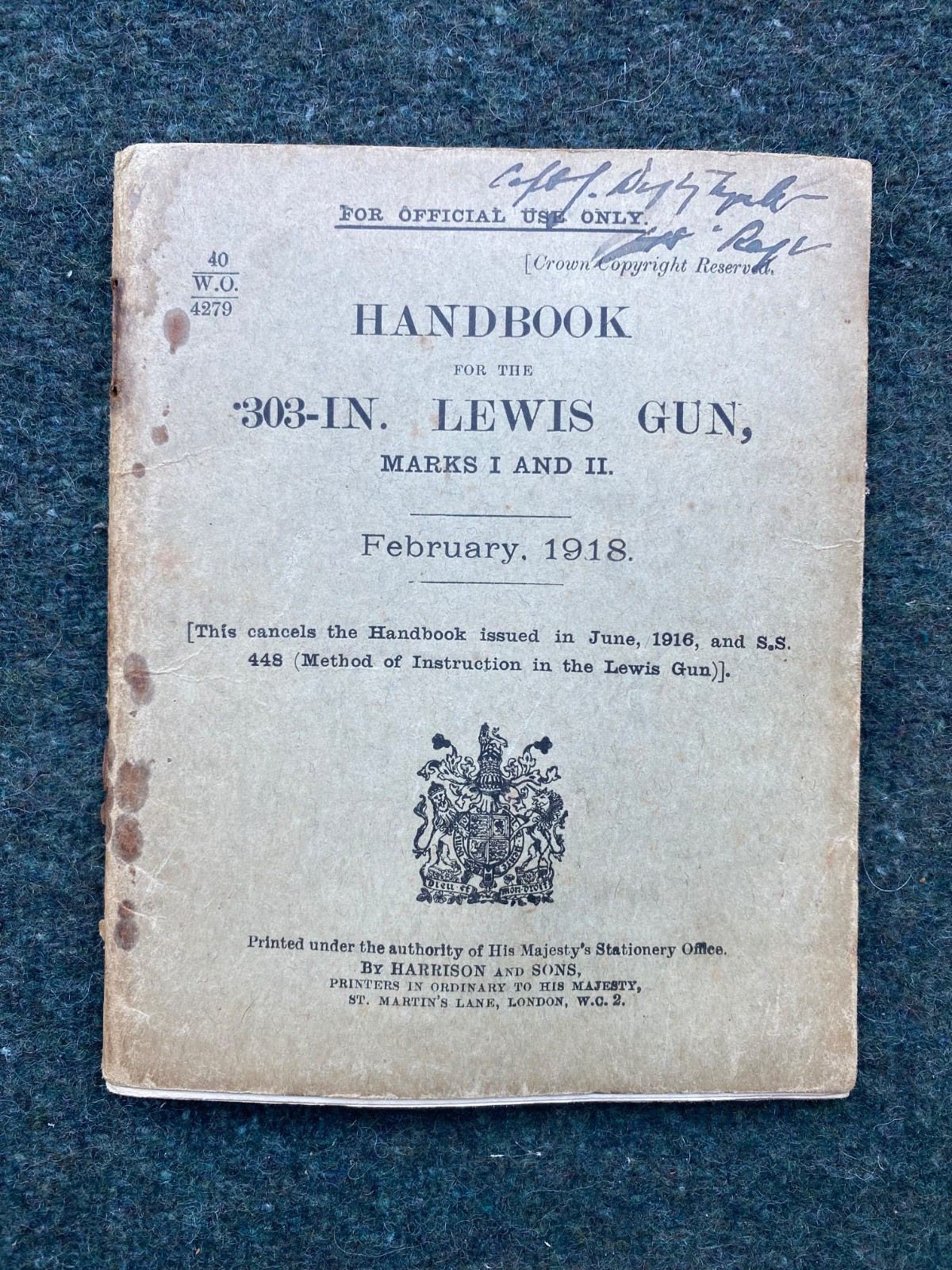 Original Scarce WW1 British Army Handbook/Manual Lewis Gun Mk I & II  1918 Dated