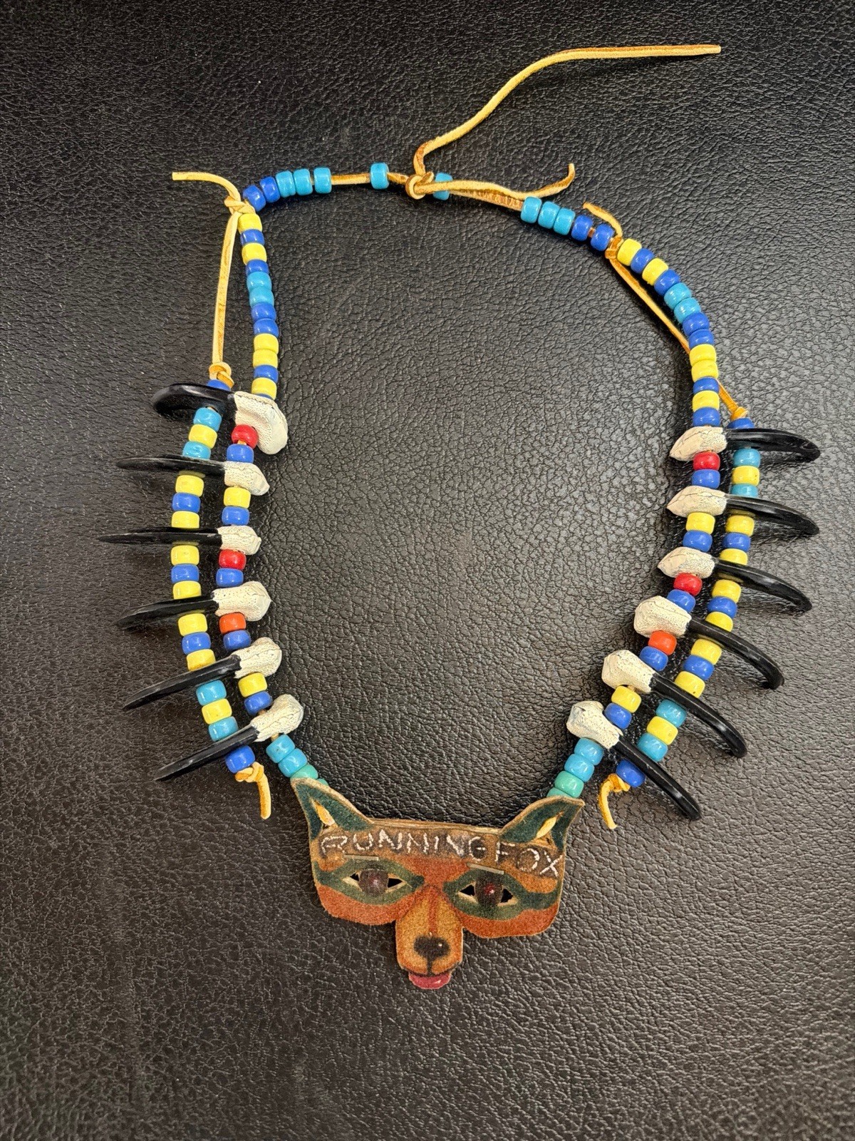 Vintage Native American Style Claw Necklace Leather Running Fox Beaded 14\