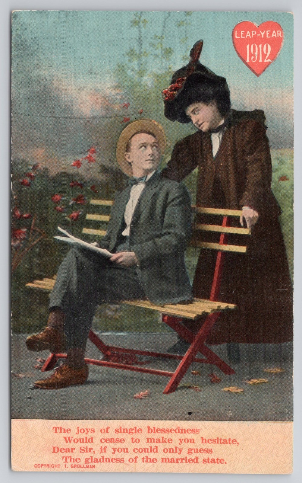 Antique Leap Year Postcard 1912 Comic Proposal Woman Man on Bench Acme-graph
