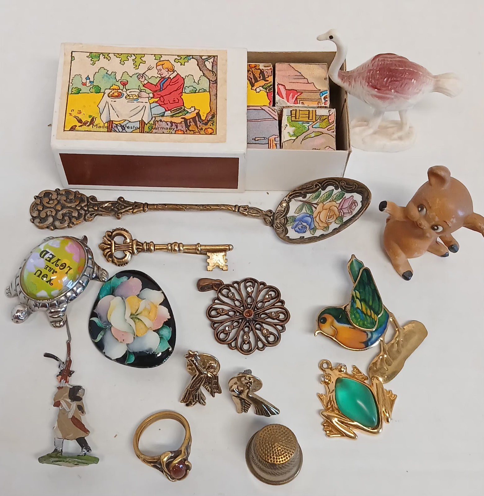 Vtg Estate Junk Jewelry Lot Collectibles German Wood Block Puzzle Bird Enamel Sp