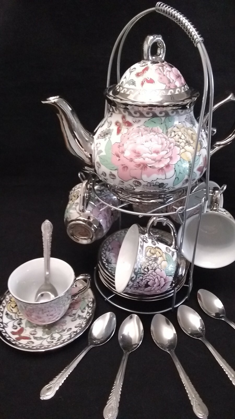 20 Pc Tea Set _ Tea Pot _ 6 Cups & Saucers w/ Rack. Silver Multi Color 3 oz cups