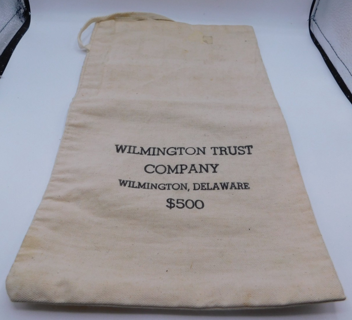 VINTAGE 1900s WILMINGTON TRUST COMPANY $500 CANVAS DRAWSTRING BAG COLLECTIBLE