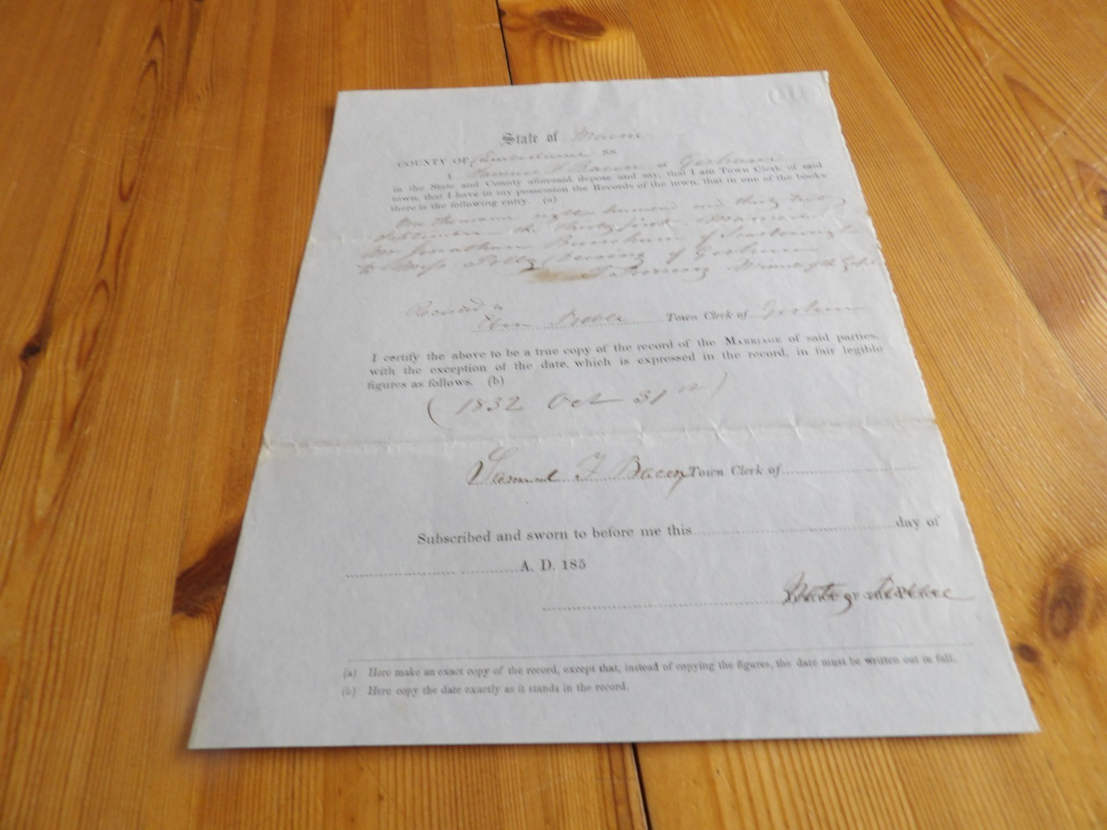 c.1850\'s Gorham ME Town Clerk Certificate of Marriage, Jonathan Burnham, Deering