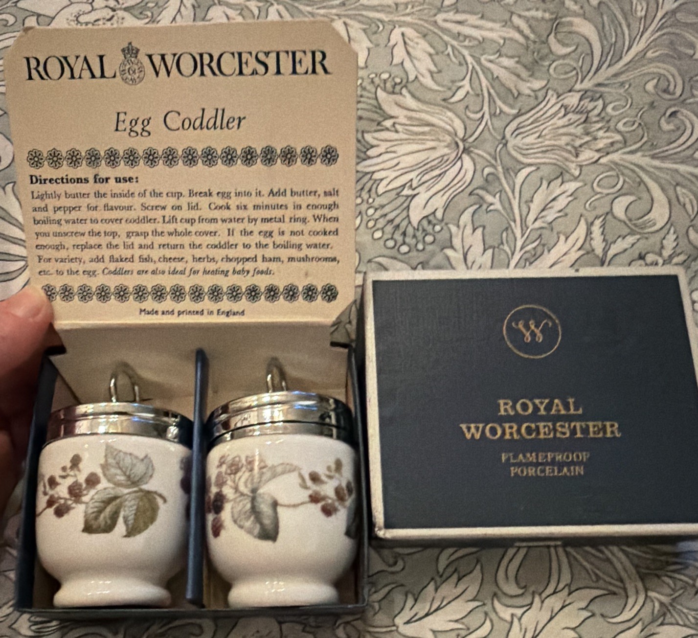 Vintage Royal Worcester Egg Coddler Boxed Pair Lavinia Blackberry Pattern MINT