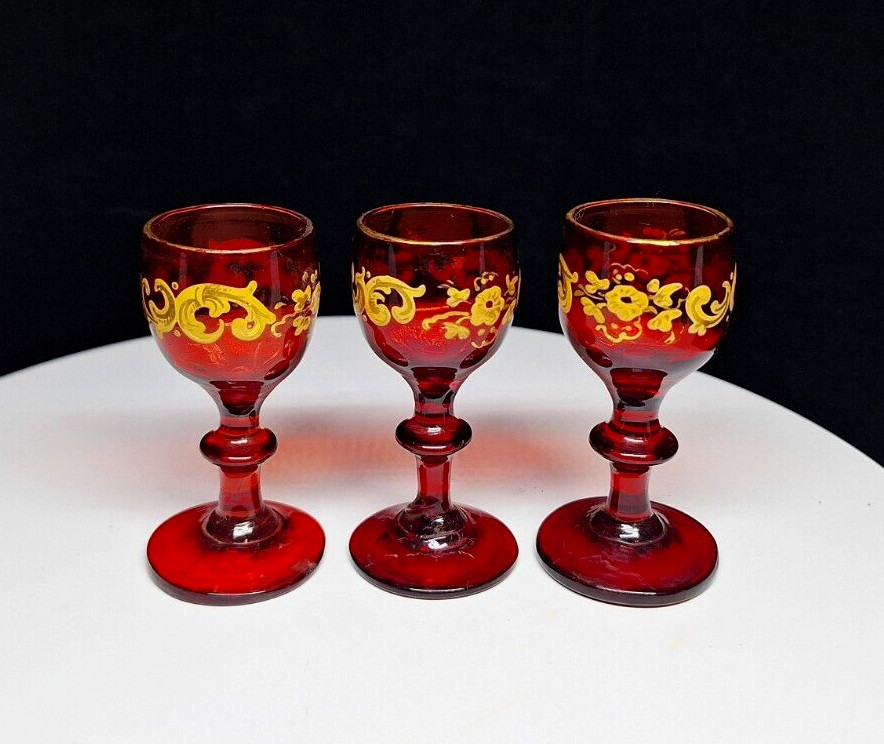 Set of 3  Vintage Miniature Red Gold Trim Stemware  Size: Approximately: 2.75\