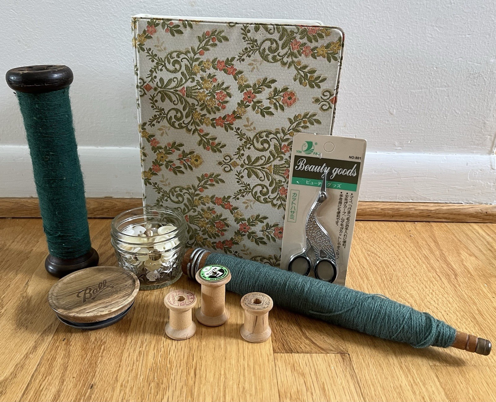 Vintage Sewing Craft Room Decor Lot 13 Patterns Wood Spools Jar Buttons Scissors