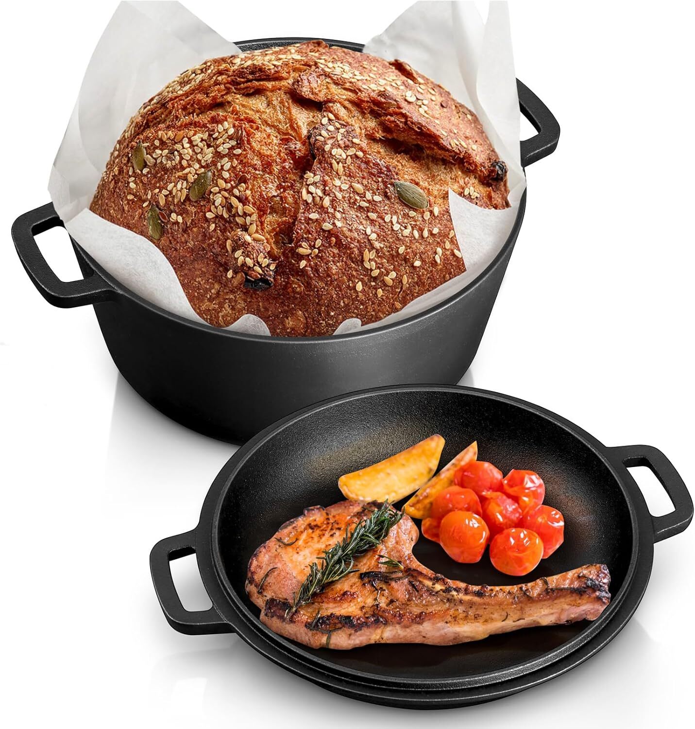 5QT Dutch Oven Pot With Lid, 2-in-1 Pre-seasoned Cast Iron Dutch Oven Stock Pot 5QT Dutch Oven Pot With Lid, 2-in-1 Pre-seasoned Cast Iron Dutch Oven Stock Pot