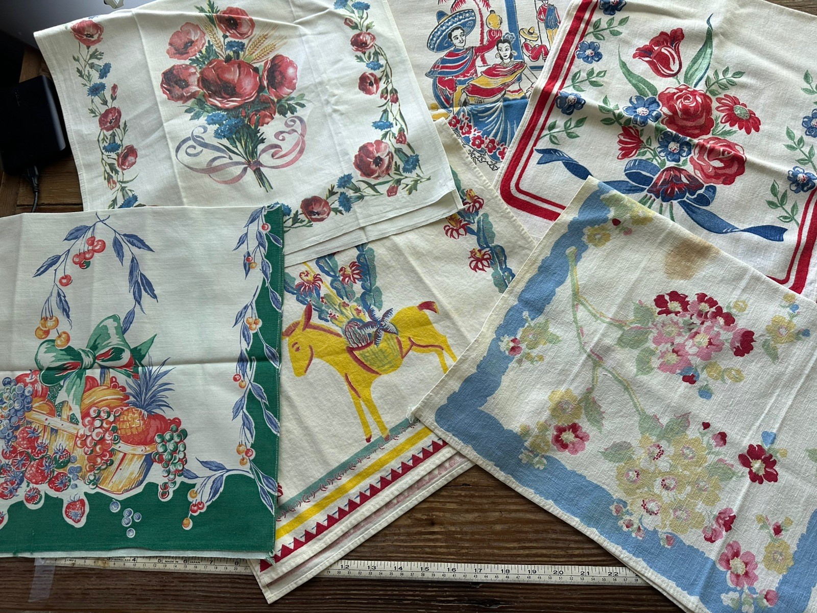Vintage Lot 6 Linen Cotton Tea Dish Towels Floral Prints Cannon  AS FOUND