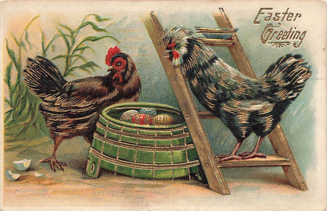 c1910 Fab Chickens Eggs Ladder Nest Gilt Gold Germany Easter P330