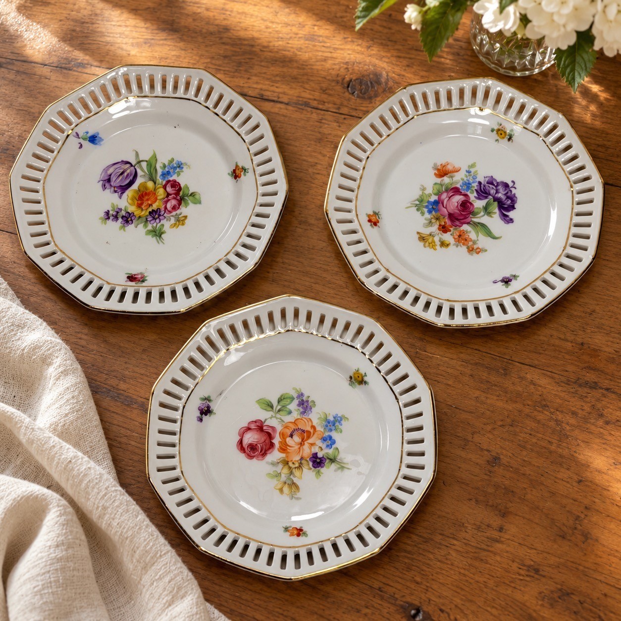 Vintage Schumann Bavaria Reticulated Floral Plates 4.75 Inch Gold Trim Set of 3