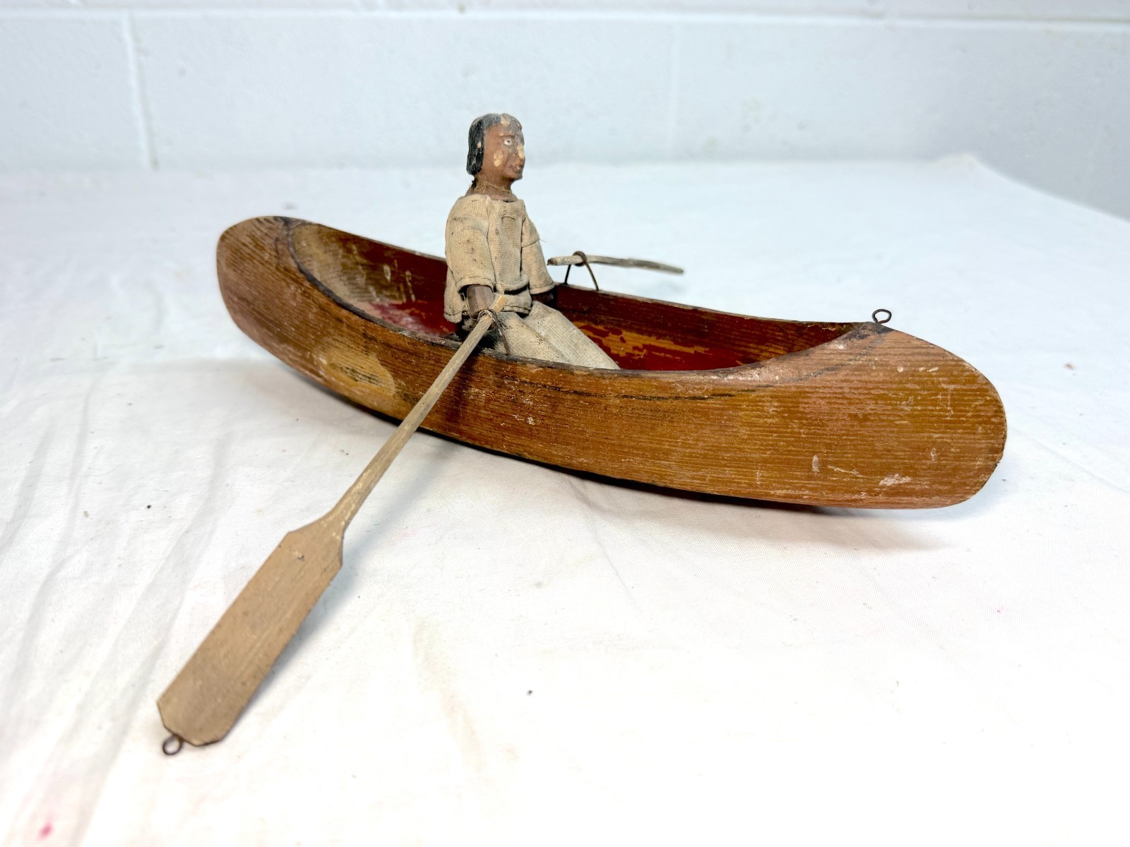 Antique hand carved wood Canadian Inuit eskimo art wood sculpture canoe man 
