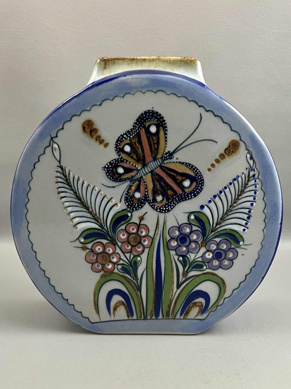 Vintage Erandi Mexico Tonala Style Pottery Vase Butterfly Floral Folk Art 8\