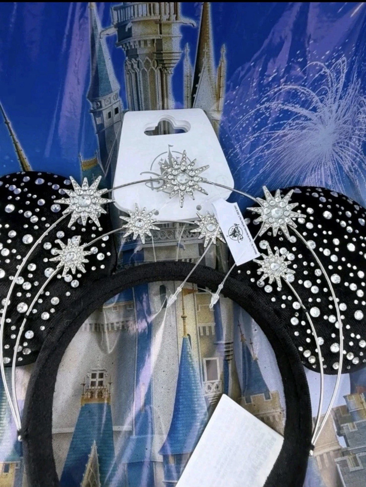 NWT Disney Parks Minnie Mouse Black Stars Sparkle Rhinestone Crown Ears Headband