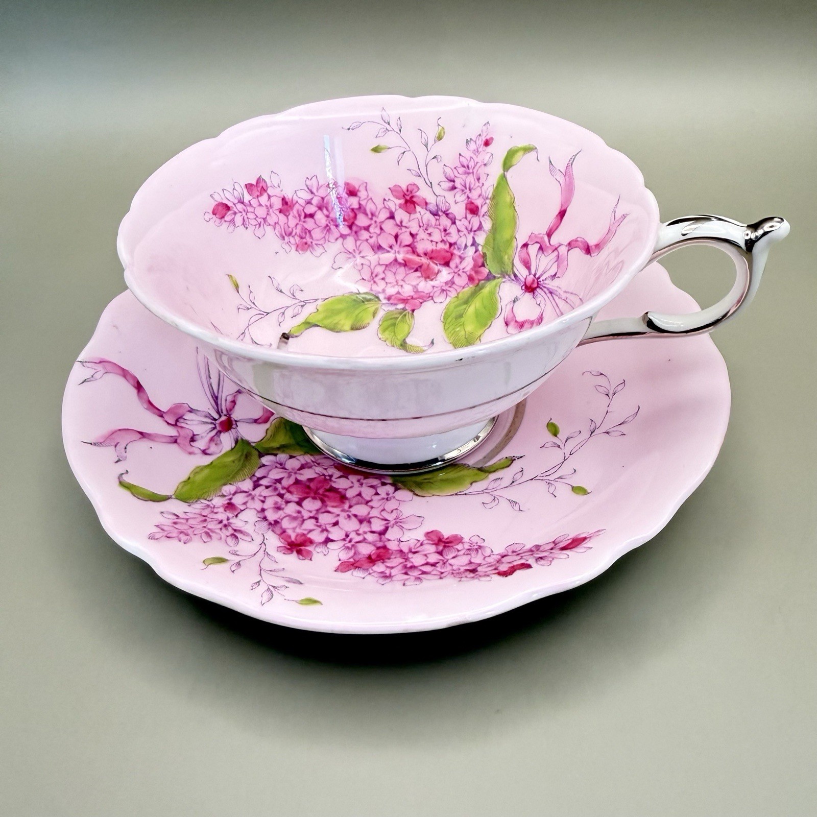Vtg Paragon Double Warrant Teacup Saucer Lilac Pink Ribbon Bone China England